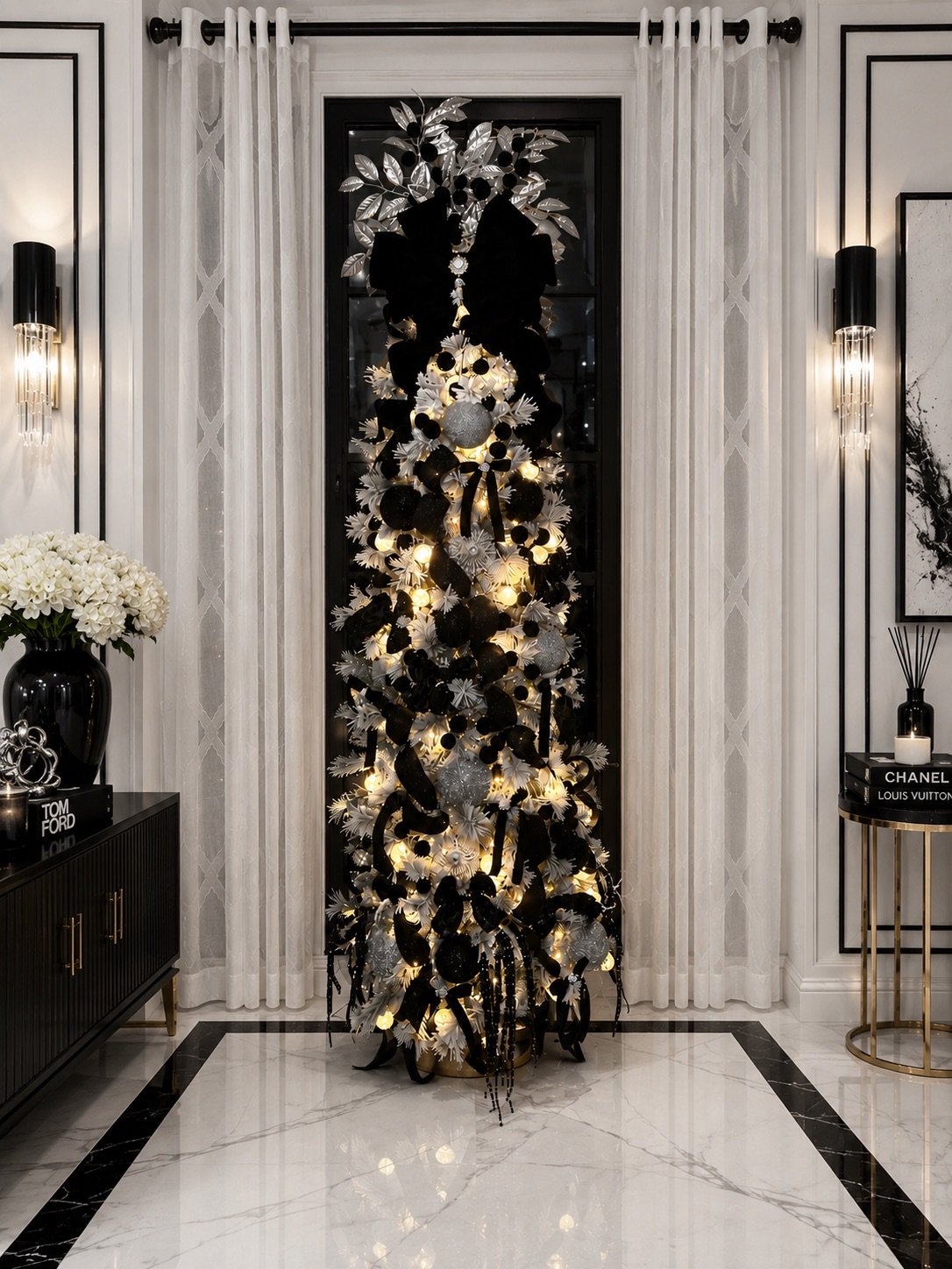 Luxury black, white, and silver Christmas tree with warm lights framed by sheer curtains in an elegant home
