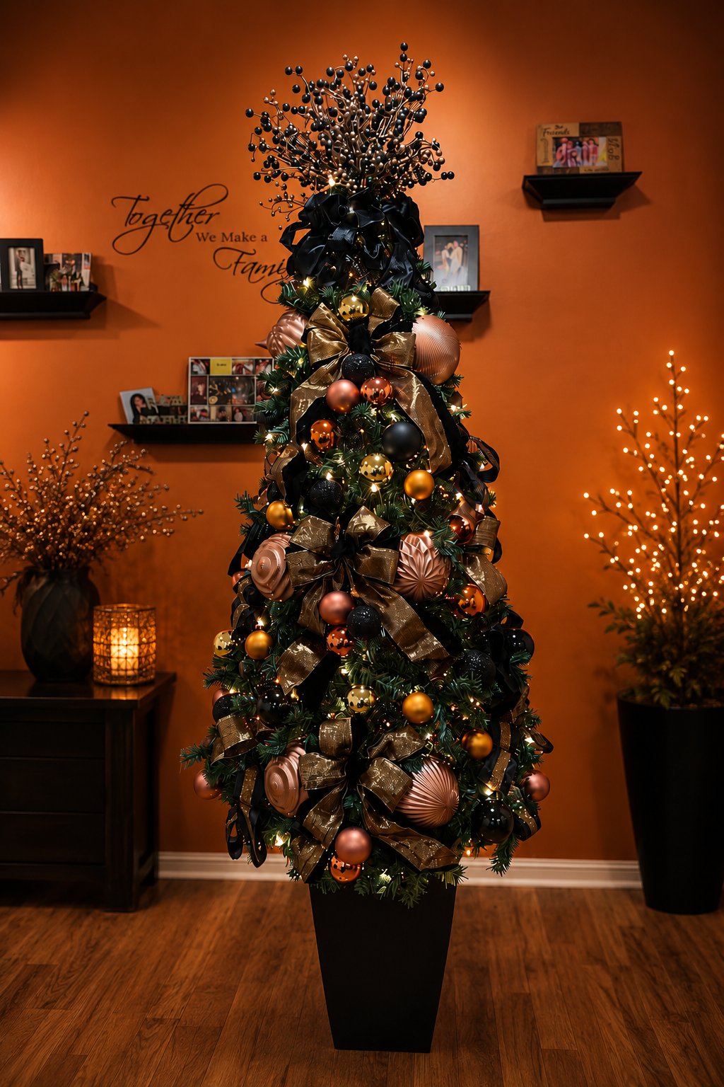 Residential Christmas tree in copper, black, and gold with a berry topper, styled in a warmly lit family living room